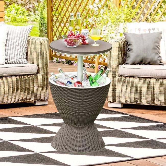 None 8 Gal. 32qt. 3-in-1 Patio Rattan Cooler Bar Table with Adjust Ice Bucket