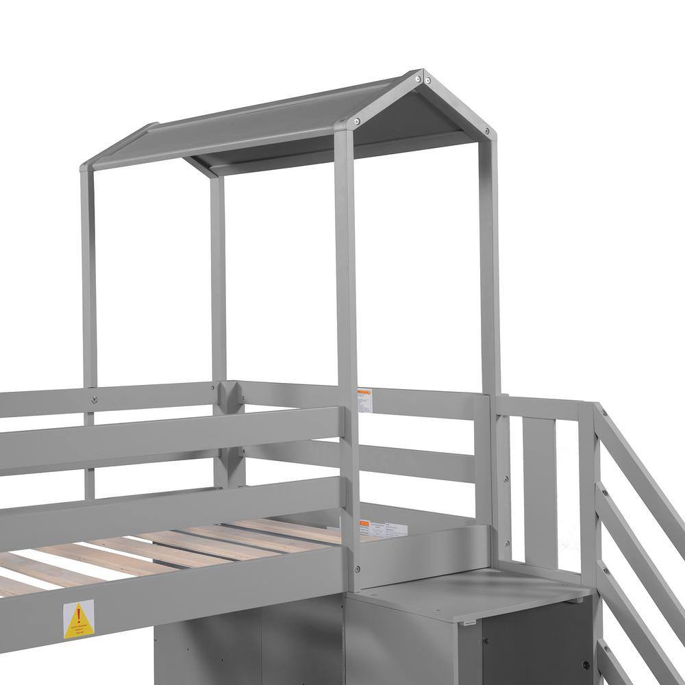 Harper & Bright Designs Gray Twin over Full House Roof Bunk Bed with Staircase and Shelves