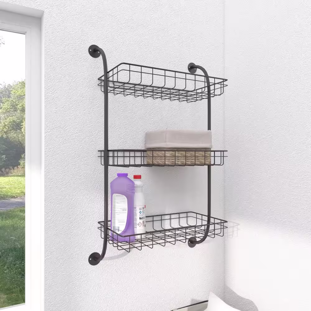 Litton Lane Black 3 Shelves Metal Wall Shelf with Suspended Baskets