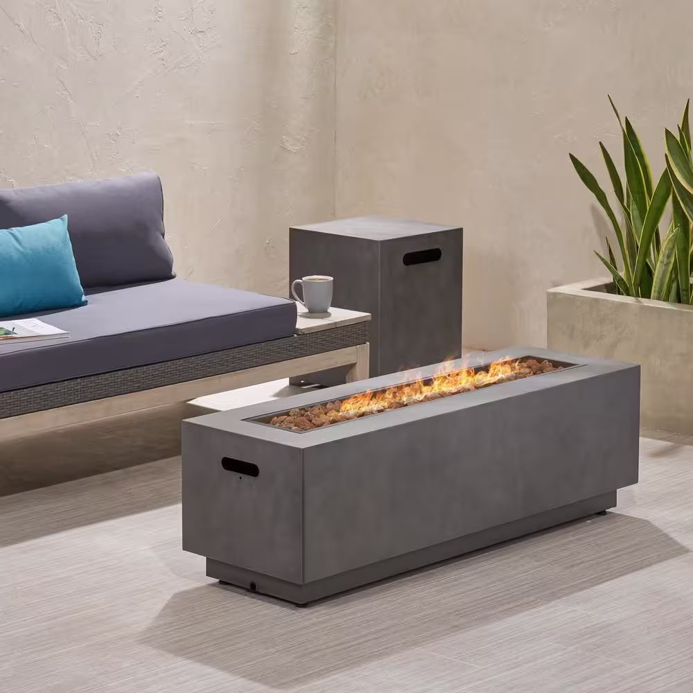 Noble House Wellington 15.25 in. x 19.75 in. Rectangular Concrete Propane Fire Pit in Dark Grey with Tank Holder
