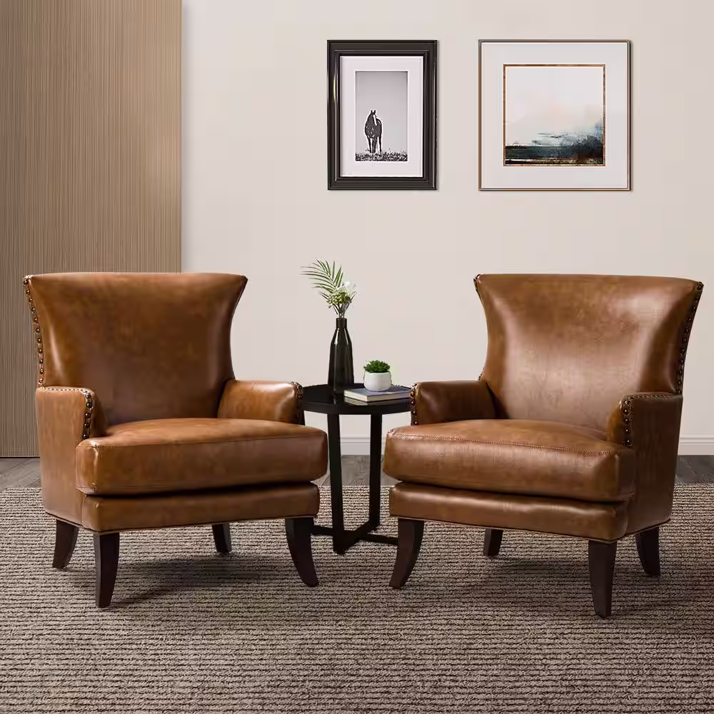 JAYDEN CREATION Bonnot Transitional Camel Faux Leather Wingback Armchair with Nailhead Trim and T-Cushion (Set of 2)