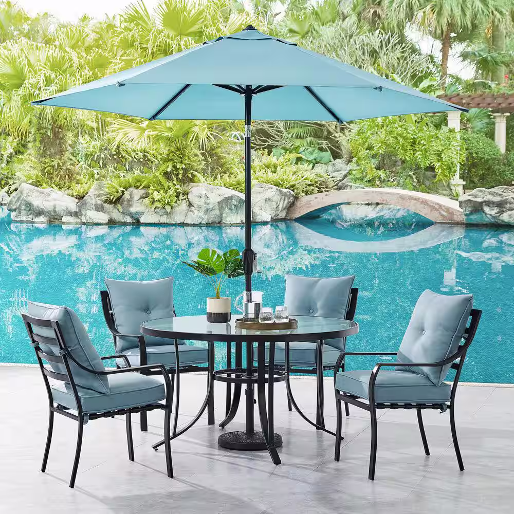 Hanover Lavallette 5-Piece Steel Outdoor Dining Set with Ocean Blues Cushions, Chairs, Glass-Top Table, Umbrella and Base