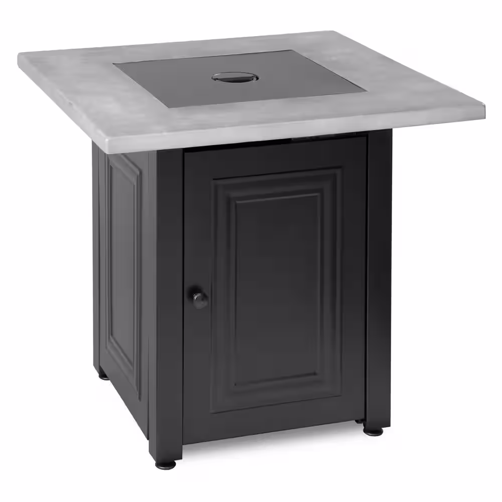 FIRE ISLAND The Wakefield 28 in. x 24.8 in. Square Steel Base Resin Mantel LP Gas Fire Pit Table in Concrete Grey and Black