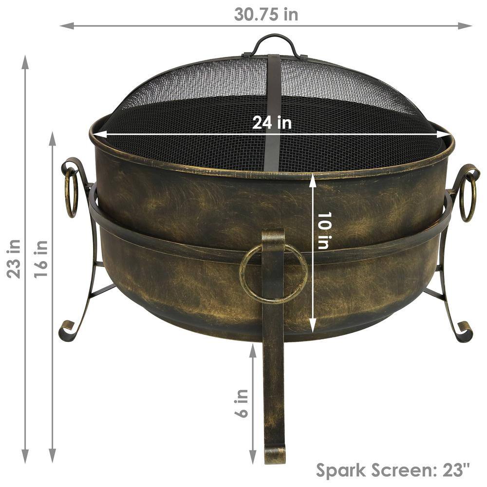 Sunnydaze Decor Cauldron 24 in. x 23 in. Round Steel Wood Fire Pit with Spark Screen in Black