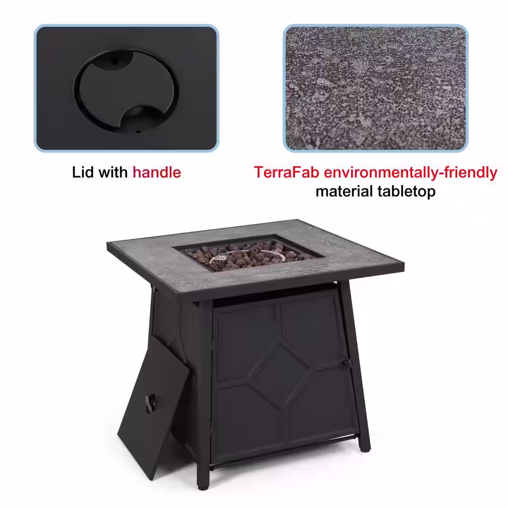 None 28 in. W x 24.8 in. H Square Black Metal Base Propane Gas Fire Pit Table with Gray TerrFab Top