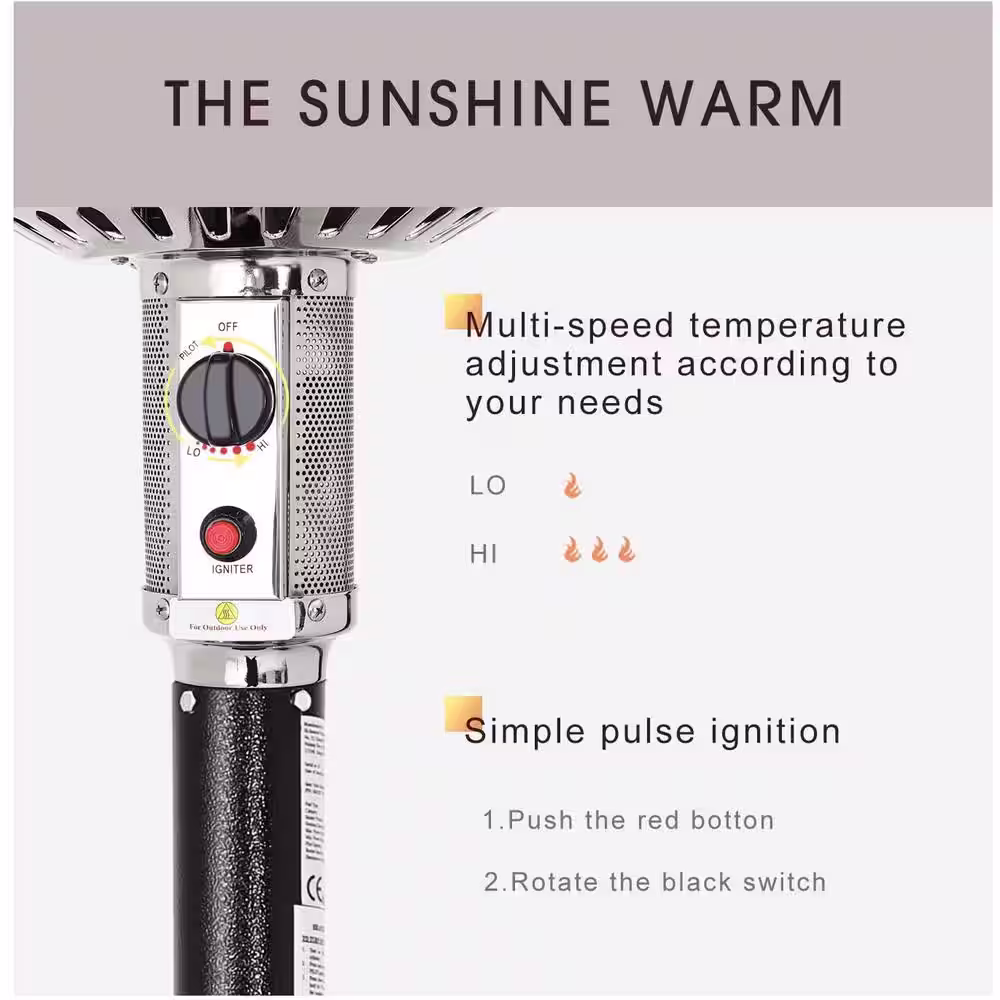 None 48,000 BTU Matte Black Stainless Steel Propane Patio Heater with Wheels