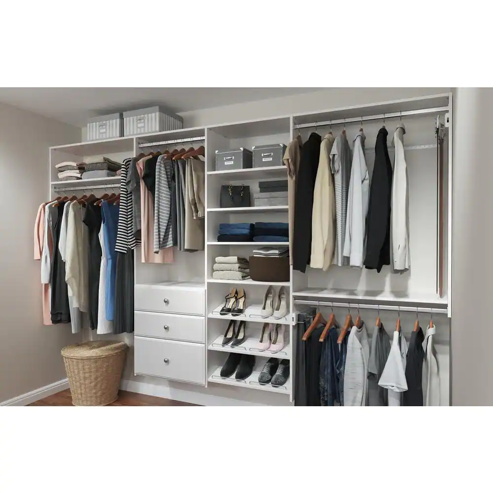 Closet Evolution Dual Tower 96 in. W - 120 in. W White Tower System Wall Mount 14-Shelf Wood Closet System