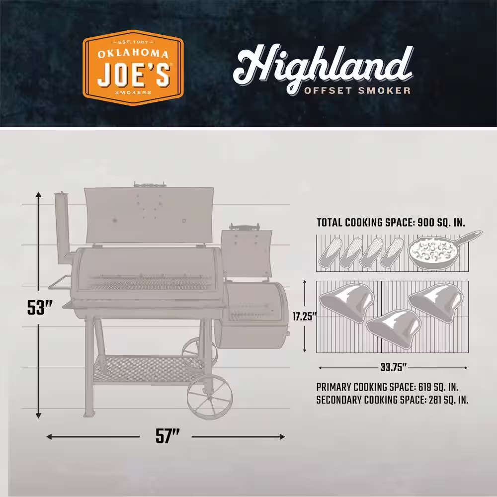 OKLAHOMA JOE'S Highland Offset Charcoal Smoker and Grill in Black with 900 sq. in. Cooking Space