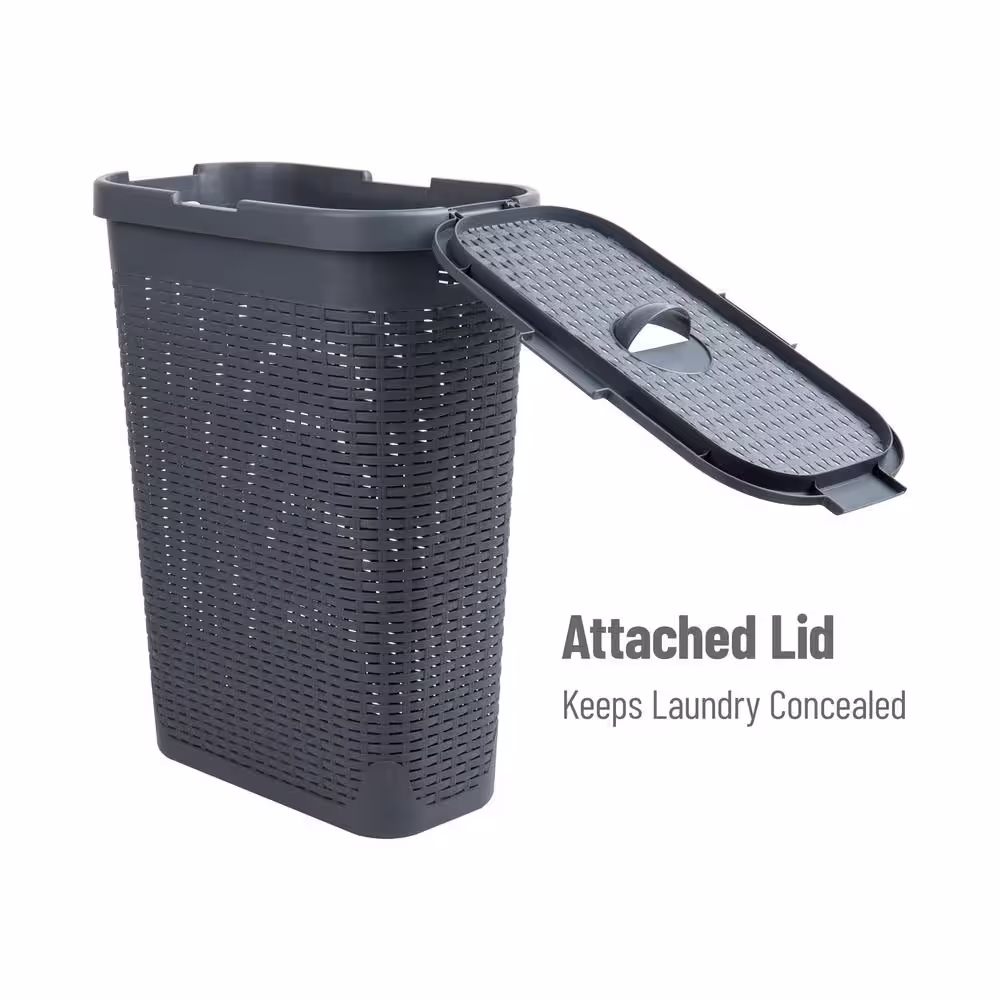 Mind Reader Basket Collection, Slim Laundry Hamper, 40 Liter (15kg/33lbs) Capacity, Cut Out Handles, Attached Hinged Lid, Gray