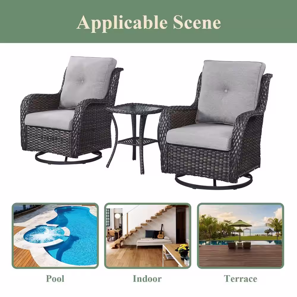 Pocassy Gray 3-Piece Wicker Patio Conversation Deep Seating Set with Gray Cushions All-Weather Swivel Rocking Chairs