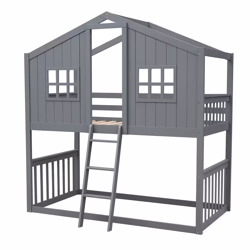 Harper & Bright Designs Gray Twin Over Twin Wood House Bunk Bed With Ladder