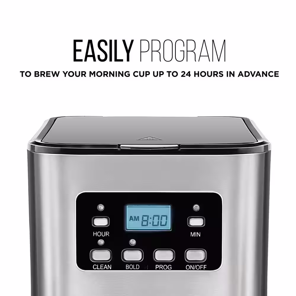 Chefman 12- Cup Programmable Coffee Maker Electric Brewer Digital Display w/Auto-Brew Reusable Filter Stainless Steel