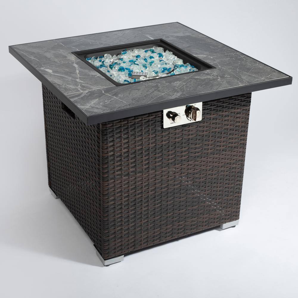 None Brown 30 in. Wicker Outdoor Fire Pit Table, Propane Gas Fire Pit Table with Lid, Glass Rocks and Rain Cover