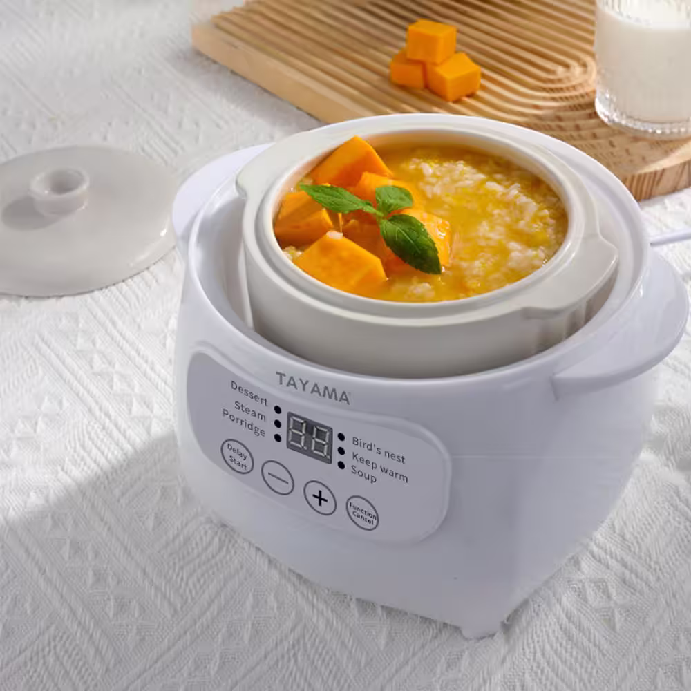 Tayama 1 qt. White Mini Ceramic Stew Slow Cooker with Pre-Settings and Built-In Timer