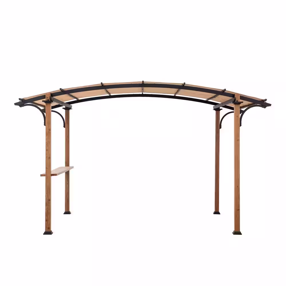 Sunjoy Alamo 8.5 ft. x 13 ft. Steel Arched Pergola with Natural Wood Looking and Tan Shade