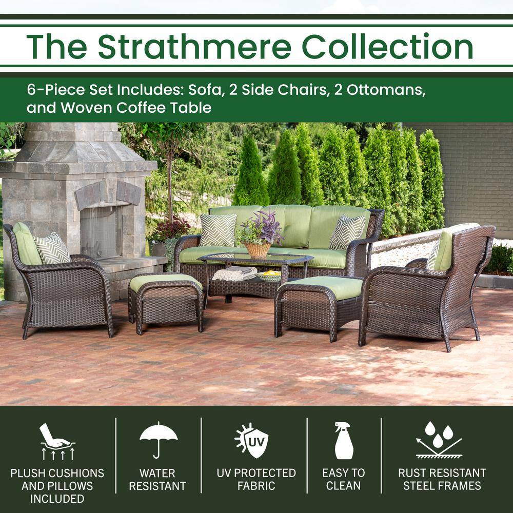 Hanover Strathmere 6-Piece Wicker Patio Conversation Set with Cilantro Green Cushions