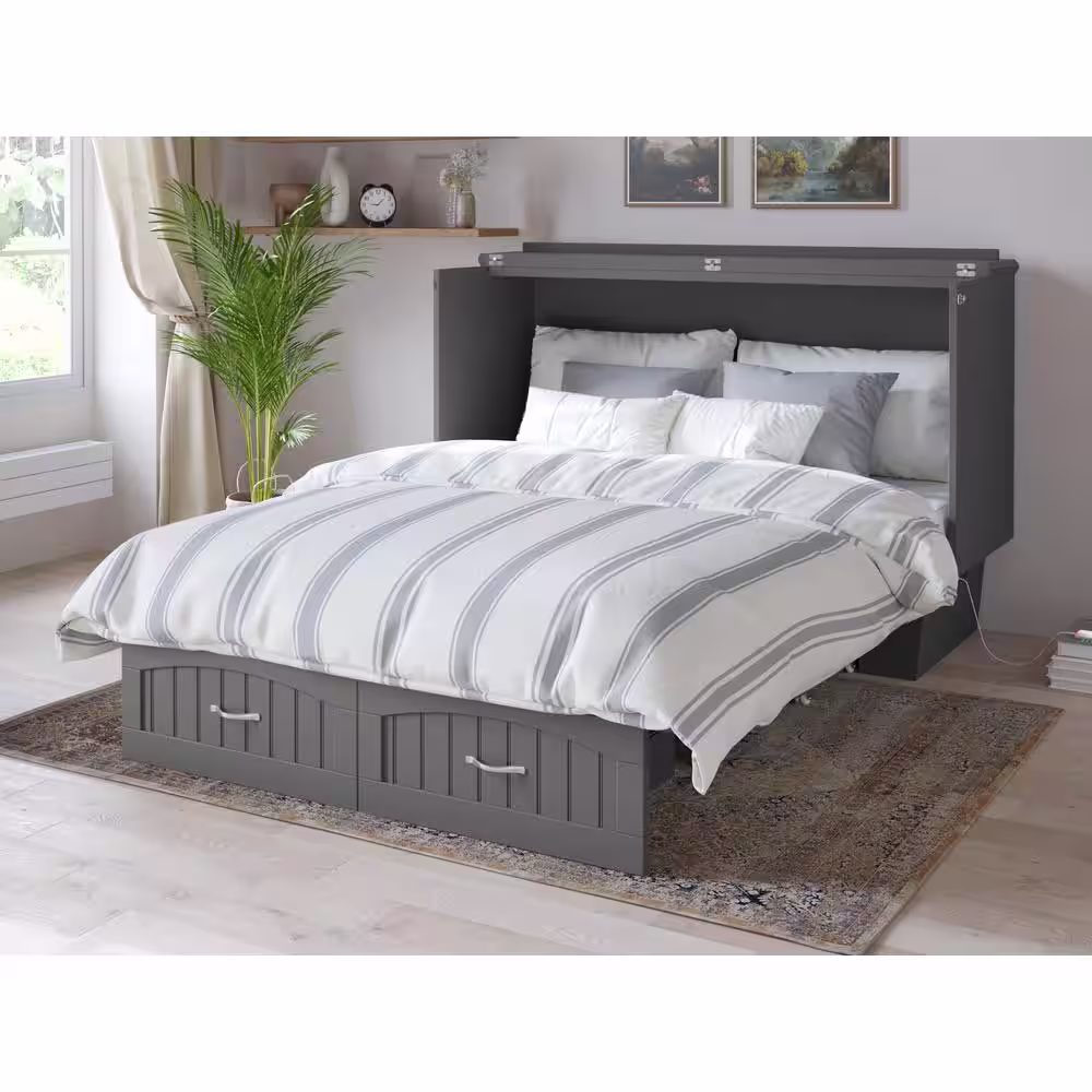 AFI Nantucket Murphy Bed Chest Queen Grey with Charging Station and Cool Soft Mattress