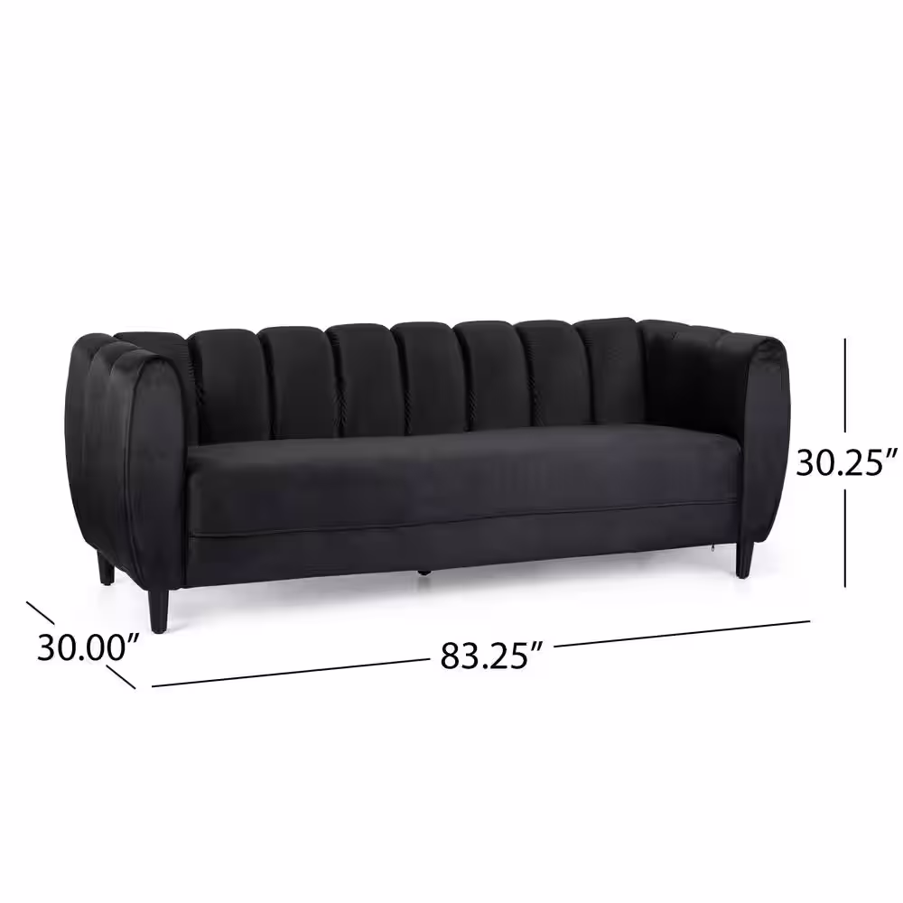Noble House Bobran 83.25 in. Black Solid Velvet 3-Seat Tuxedo Sofa
