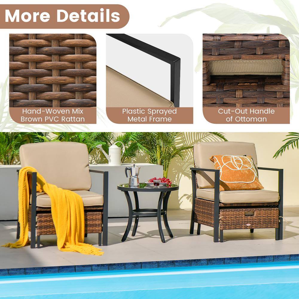 Costway 5-Piece Wicker Patio Conversation Set Space Saving Cushions Chairs with Ottomans Table Beige Cushions