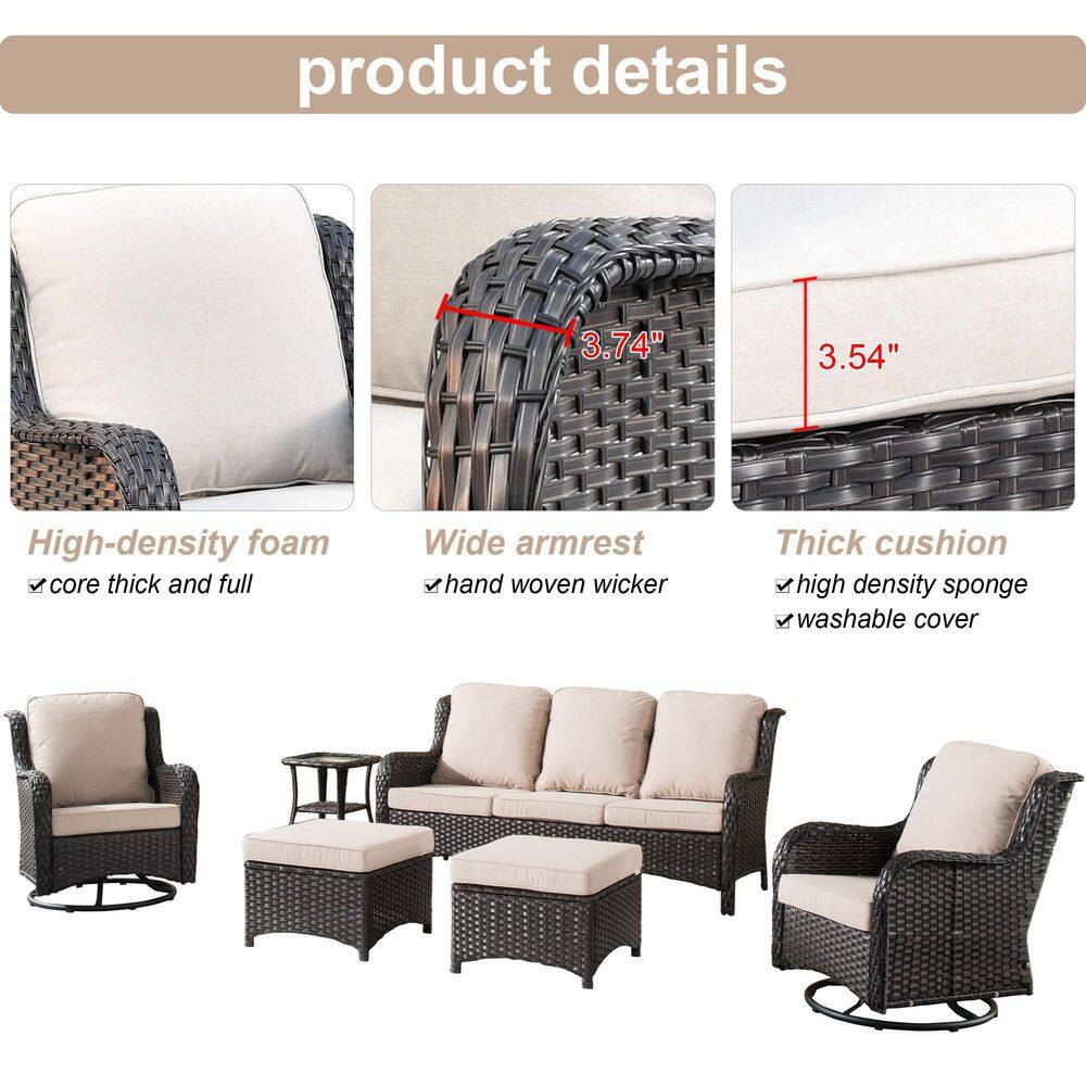 None Monet Brown 5-Piece Wicker Patio Conversation Seating Sofa Set with Beige Cushions and Swivel Rocking Chairs