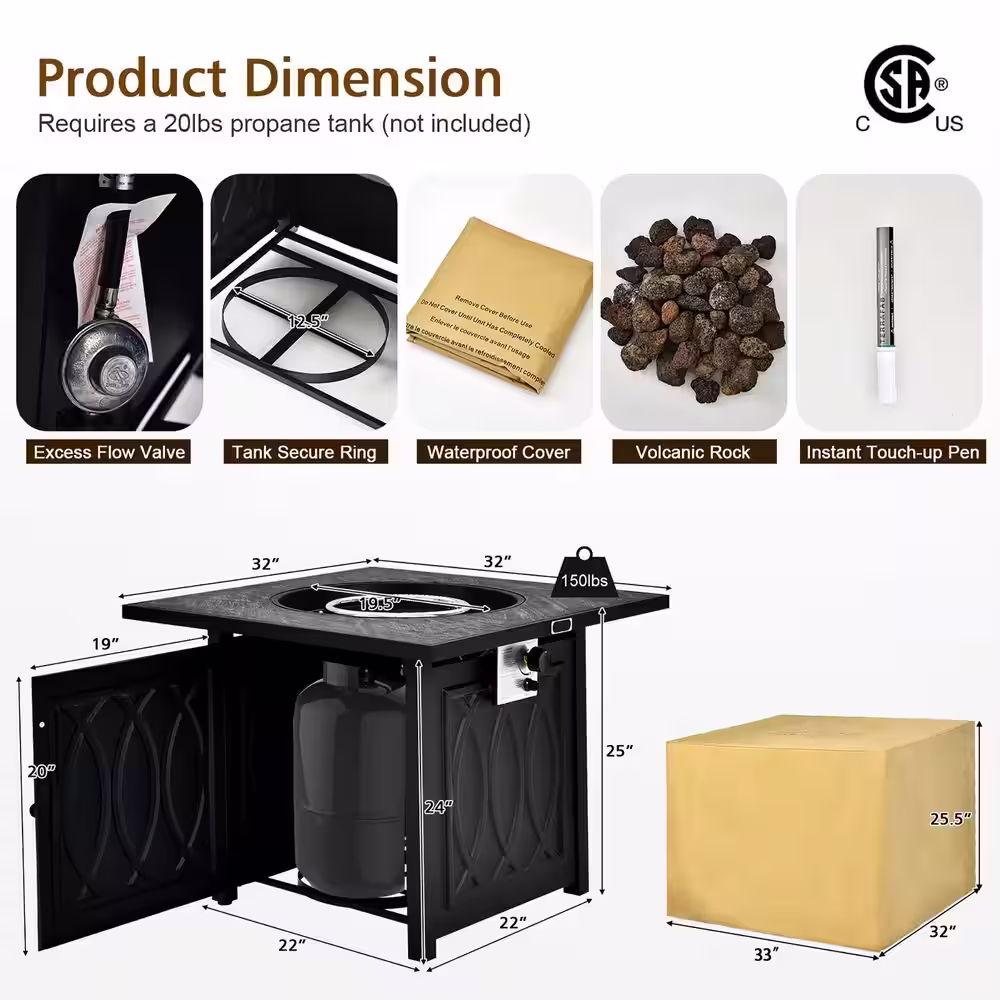 None 50,000 BTU Propane 32 in. Stone Metal Fire Pit Table Square Tabletop with Lava Rocks Cover