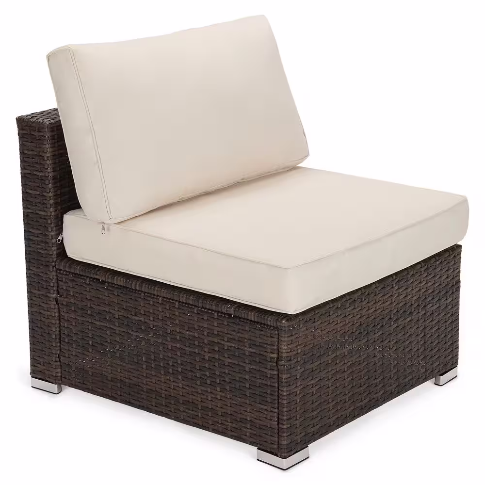 None 7-Piece Wicker Patio Sectional Sofa Set with Beige Cushions