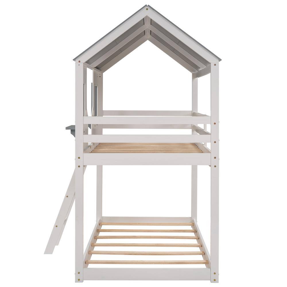 Harper & Bright Designs White Twin Over Twin Wood House Bunk Bed with Roof and Window