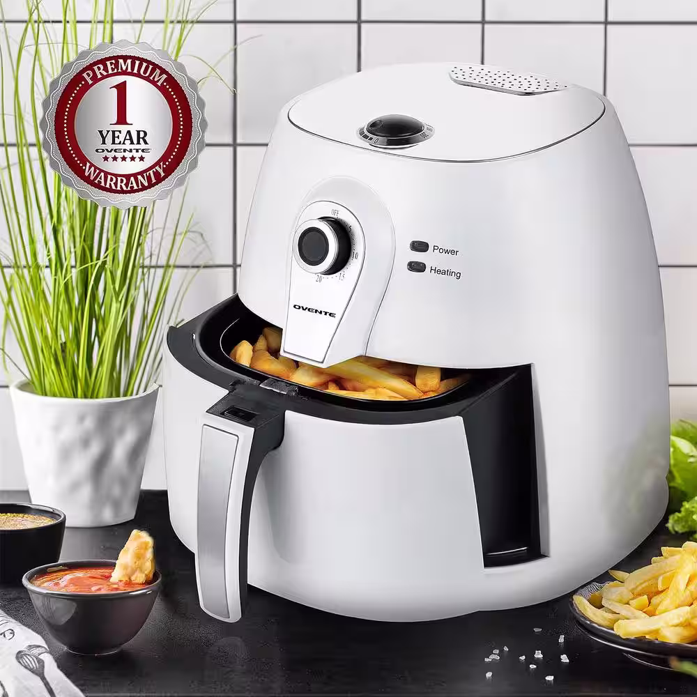 OVENTE 3.2 qt. White Electric Air Fryer with 30-min Timer, Adjustable Temperature Controls, Includes Fry Basket and Grill Pan
