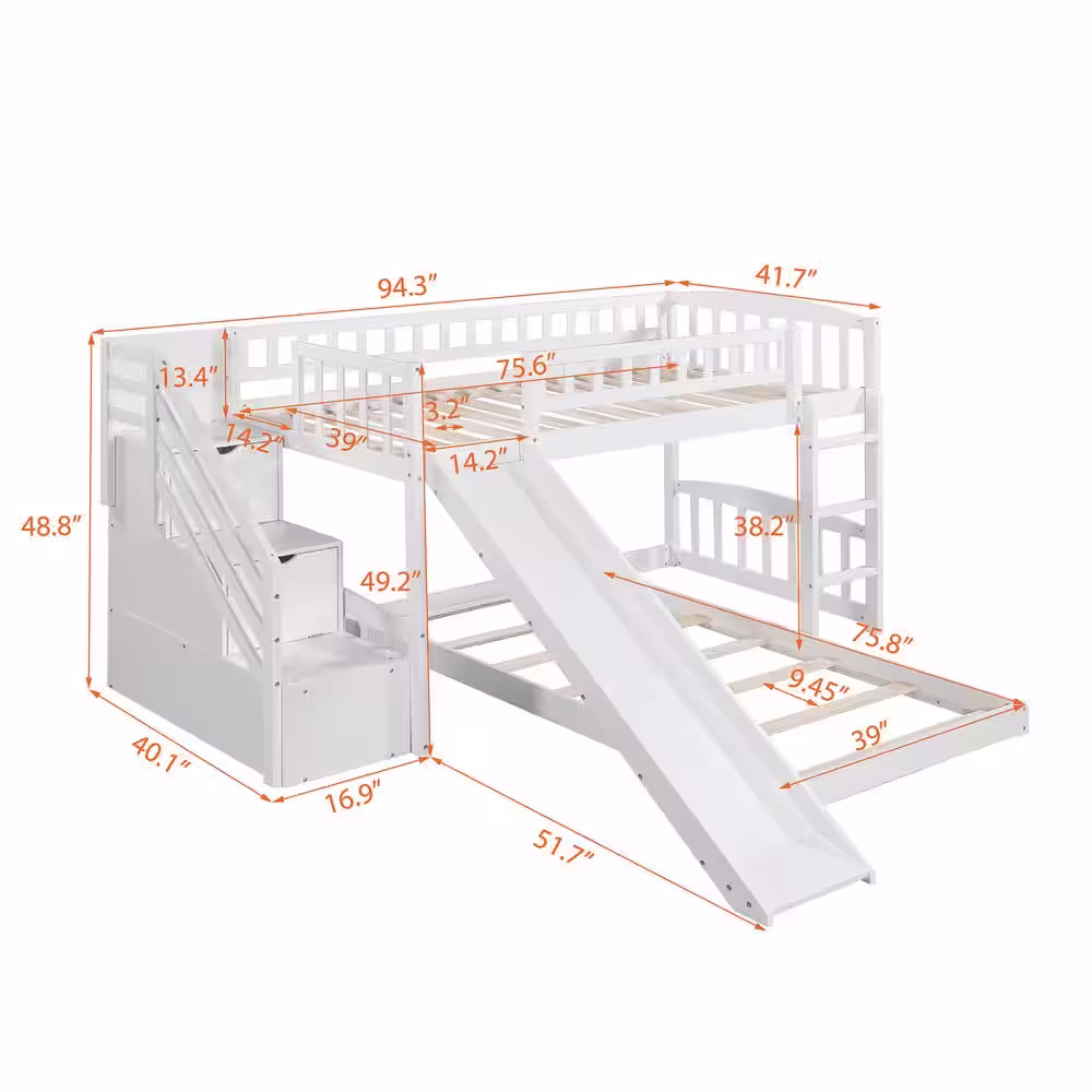Harper & Bright Designs White Twin over Twin Bunk Bed with Storage Staircases, Slide, and Ladder