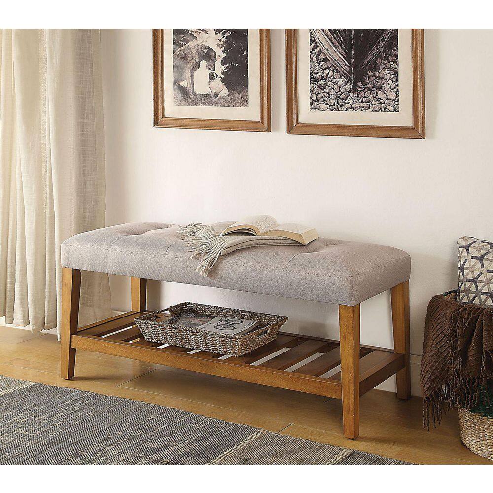None 18 in. H x 40 in. W Wood Shoe Storage Bench with Light Gray Cushion