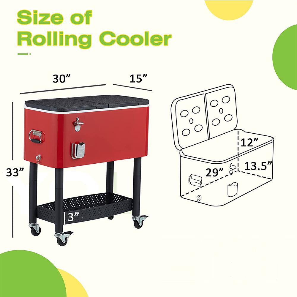 None 80 Qt. Rolling Cooler Cart with Bottom Shelf, Ice Chest with Wheels, Portable Party Cold Drink Cart, Red