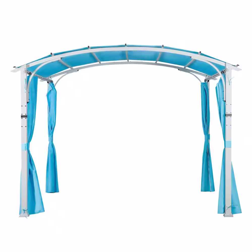 None 10 ft. x 10 ft. White Steel Patio Arched Pergola with Blue Shade Canopy and Curtains