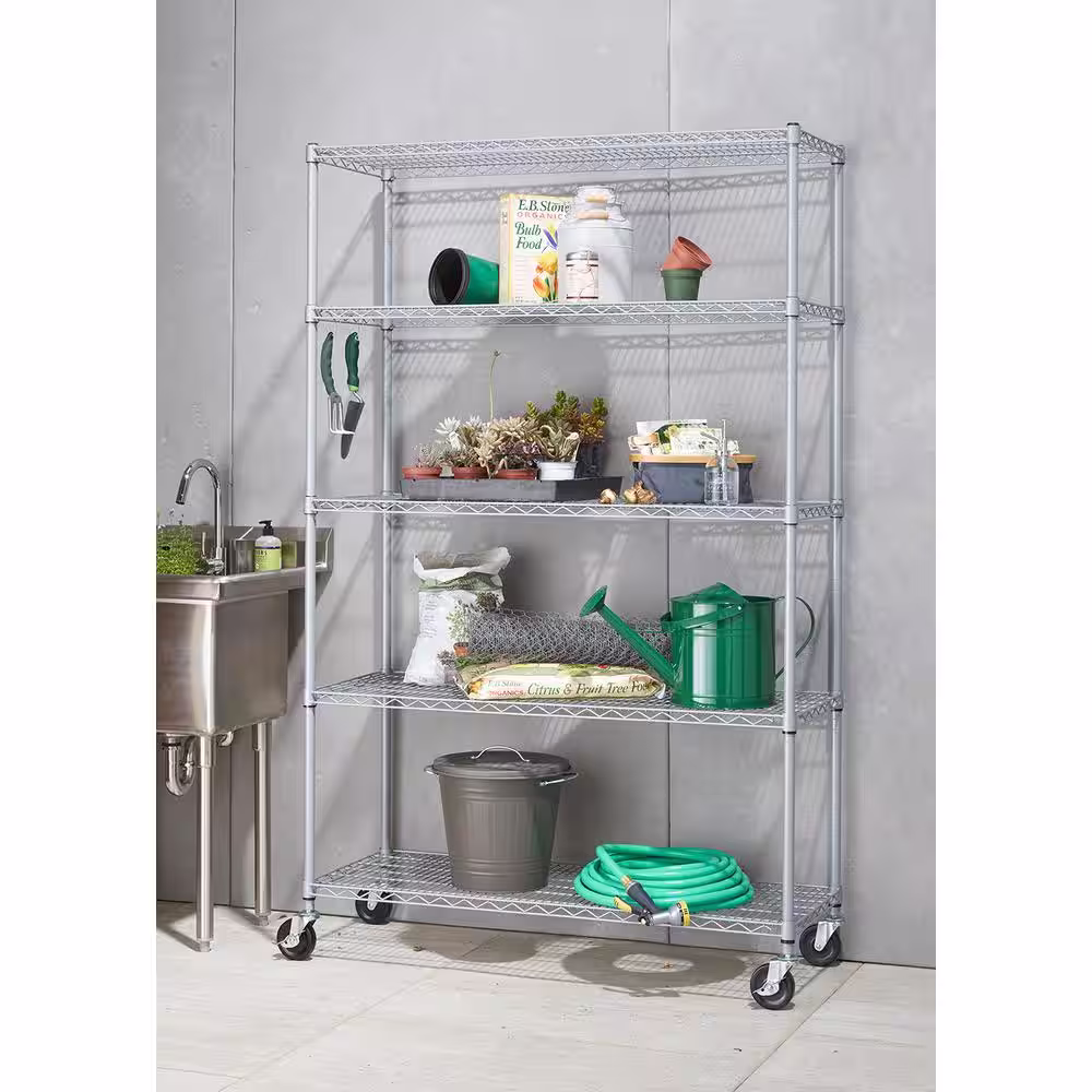 TRINITY Gray 5-Tier Rolling Steel Wire Shelving Unit (48 in. W x 77 in. H x 18 in. D)