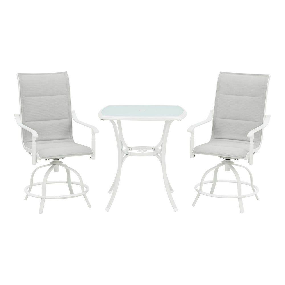 Hampton Bay Ashbury White 3-Piece Steel Padded Sling Square Glass Top Outdoor Bistro Set