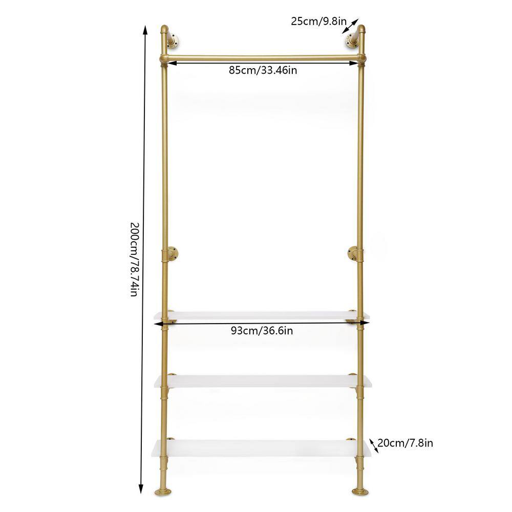 None Gold Wall Mounted Iron Clothes Rack with 3 Wood Shelves 36.6 in. W x 78.74 in. H