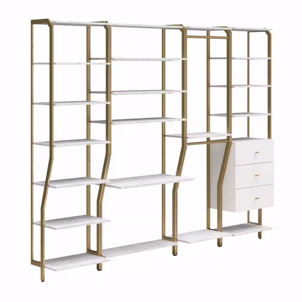 CosmoLiving by Cosmopolitan Gwyneth 108 in. W Wall Mount Adjustable Wood Closet System 4 Piece Bundle-Shelves, Vanity, Hanging Rods & Drawers, White