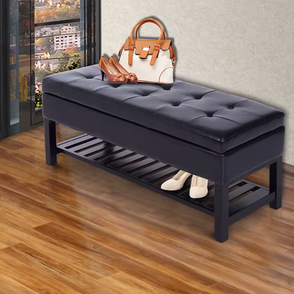 HOMCOM 18 in. H x 17 in. W 5-Pair Black Wood Faux Leather Shoe Storage Bench