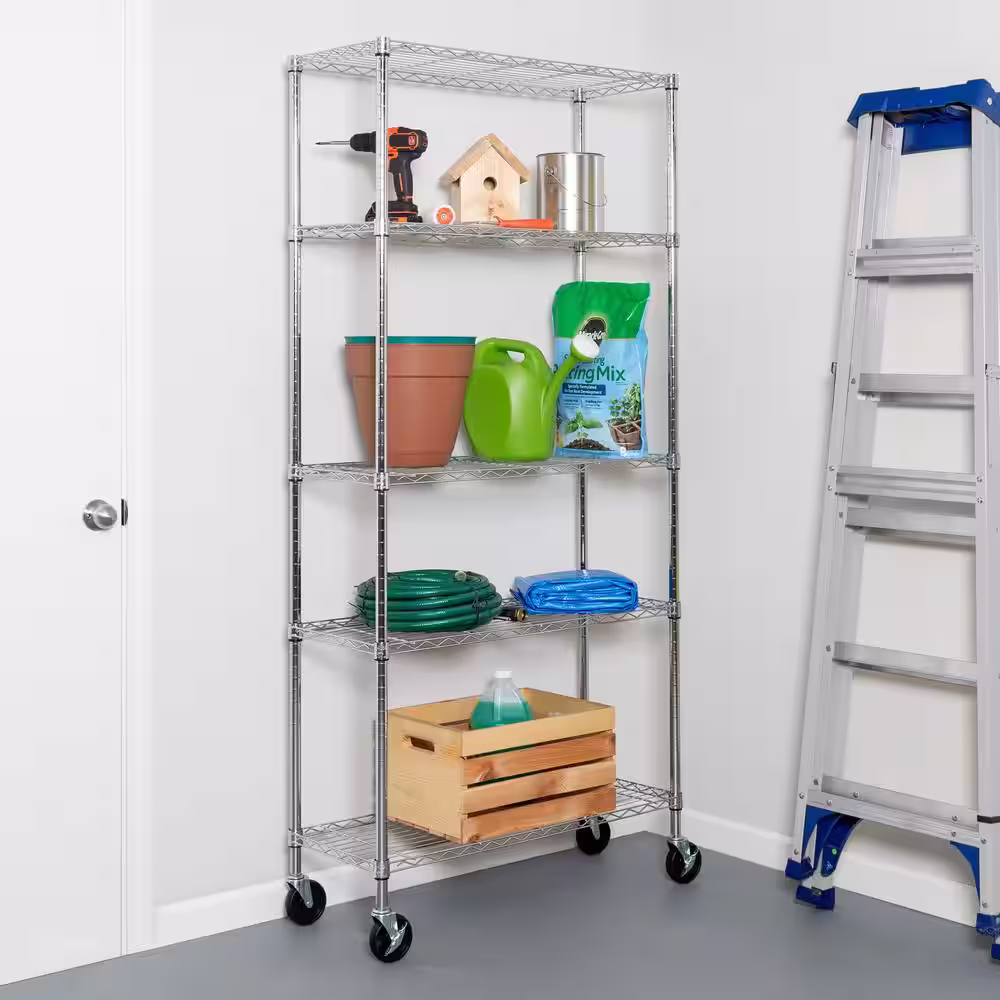 None Silver 5-Tier Rolling Metal Garage Storage Shelving Unit (14 in. W x 72 in. H x 36 in. D)