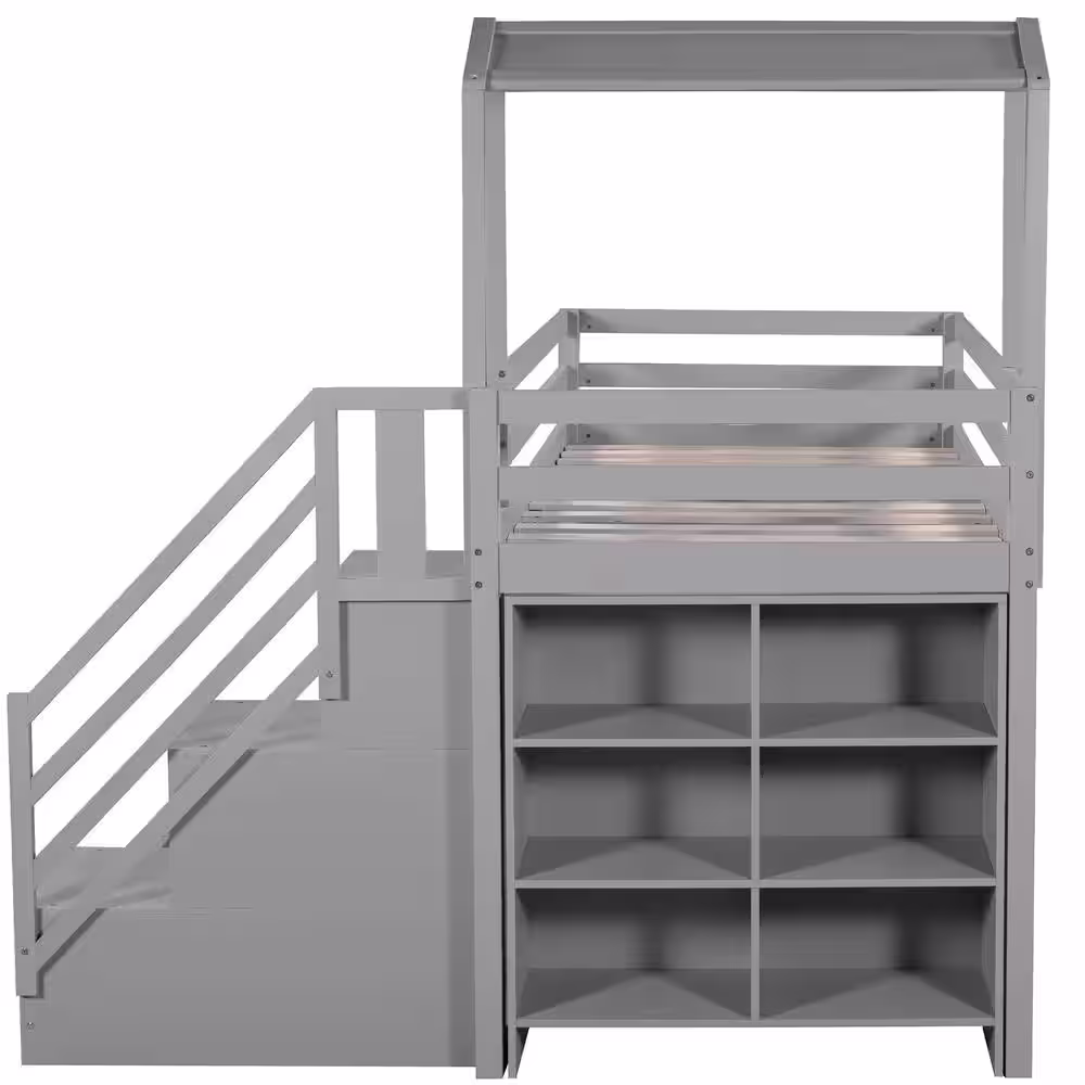 Qualler Gray Twin over Full Roof Bunk Bed with Staircase and Shelves