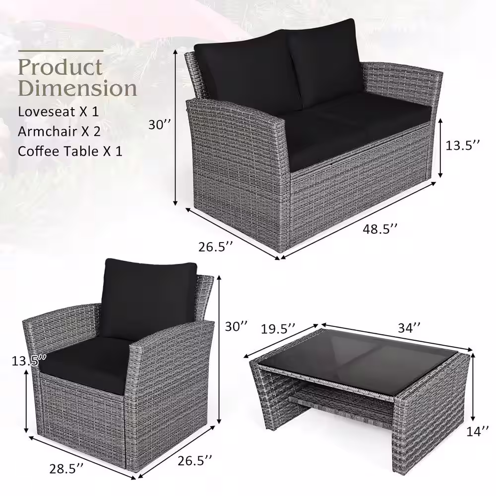Costway 4-Piece Wicker Patio Conversation Set with Black Cushions