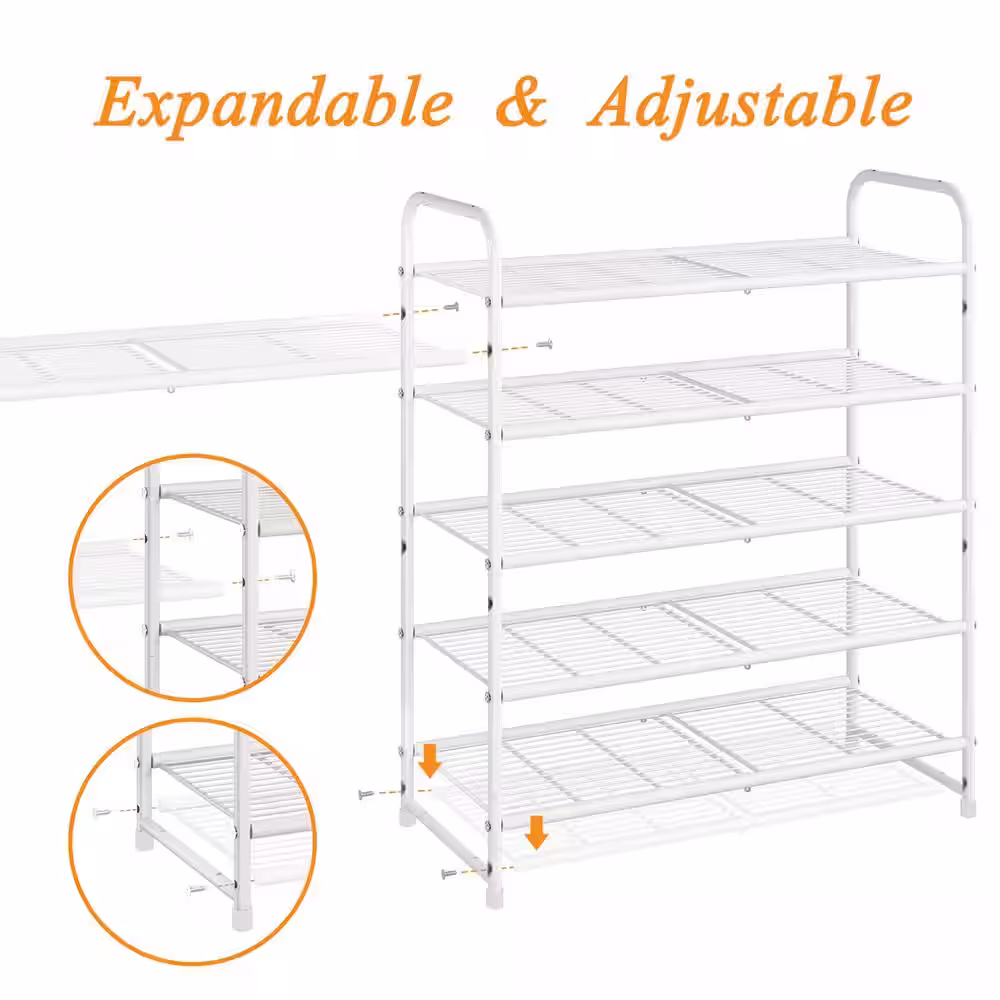 None 31 in. H 15-Pair White Metal 5-Tiers Shoe Rack