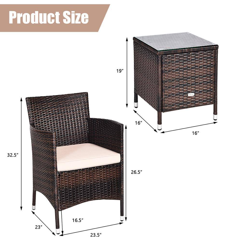 Costway 3-Piece Wicker Patio Conversation Set with Beige/Tan Cushions