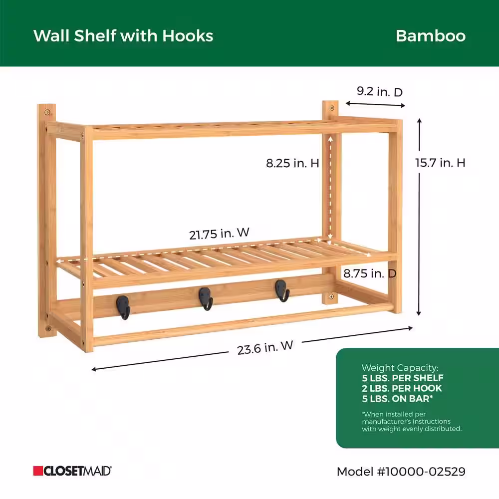 ClosetMaid 23.6 in. W Bamboo Wall-Mounted Wood Shelving with Hooks