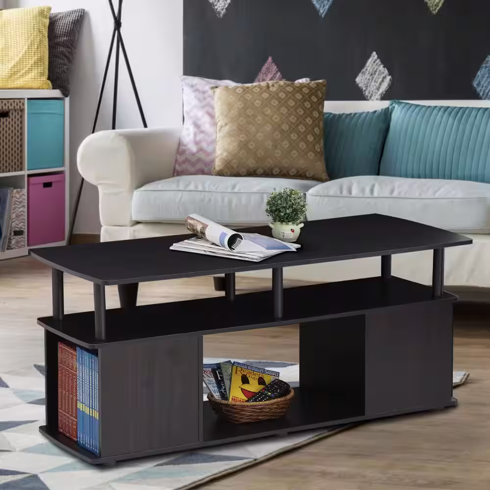 Furinno Jaya 48 in. Blackwood Large Rectangle Wood Coffee Table with Shelf