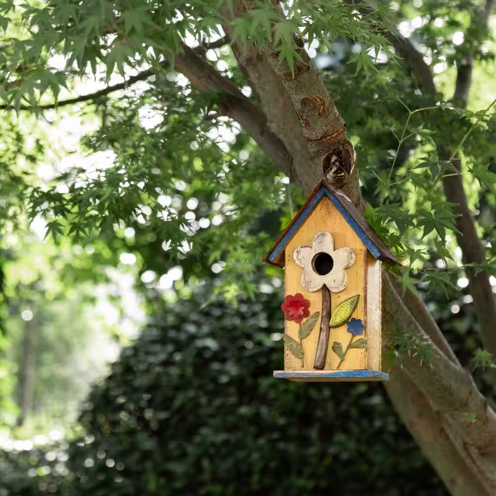 Glitzhome 10.25 in. H Distressed Solid Wood Birdhouse with Flower