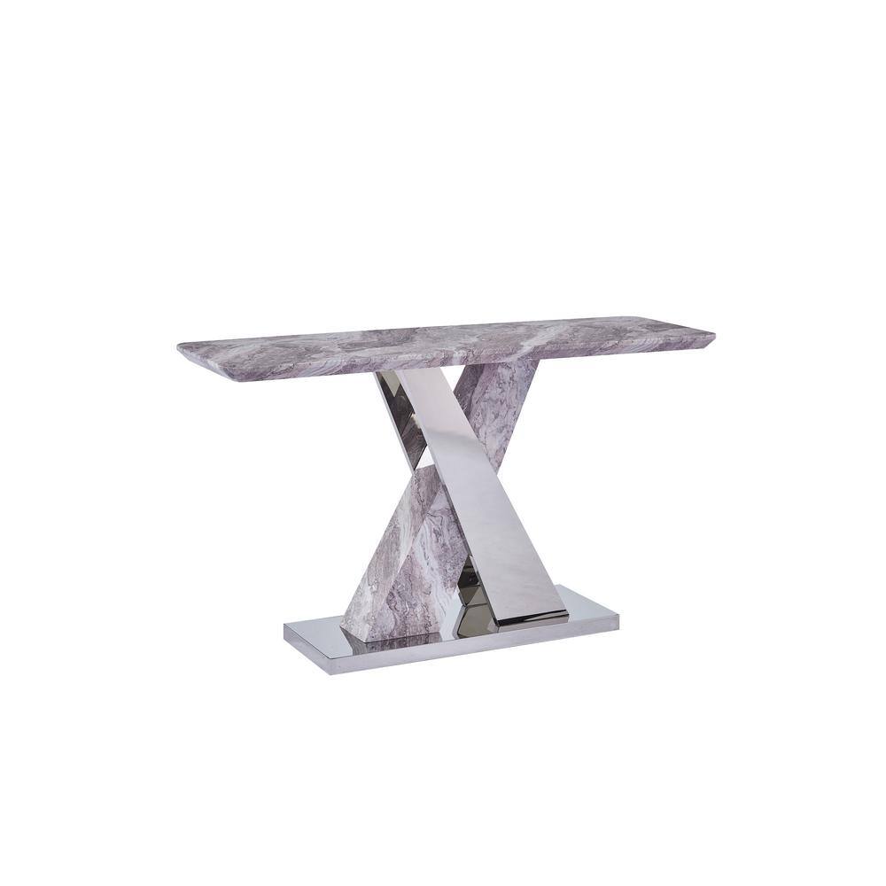 None Chuck 51 in. White Faux Marble Rectangle Top with Stainless Steel Base Console Table