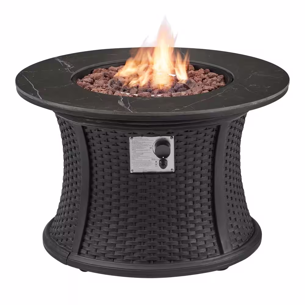 Hampton Bay 35.2 in. W x 24 in. H Round Wicker Finish Fire Table with Sintered Stone Tabletop