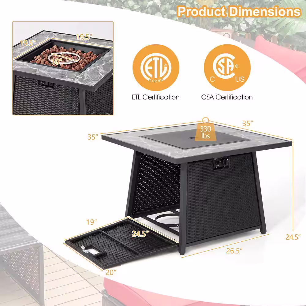 Costway 35 in. Propane Gas Fire Pit Table Patio PE Wicker Rattan w/Lava Rocks PVC Cover