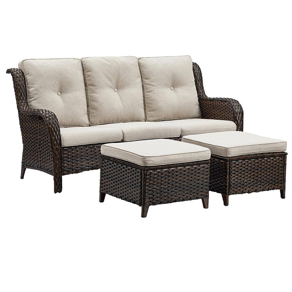 Pocassy Brown 3-Piece Wicker Outdoor Patio Seating Conversation Set Sectional Sofa and Ottoman with Beige Cushions