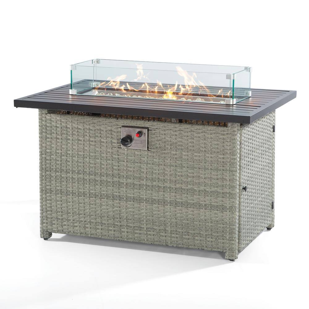 None 43 in. 50000 BTU Wicker Outdoor Propane Gas Fire Pit Table with Glass Wind Guard